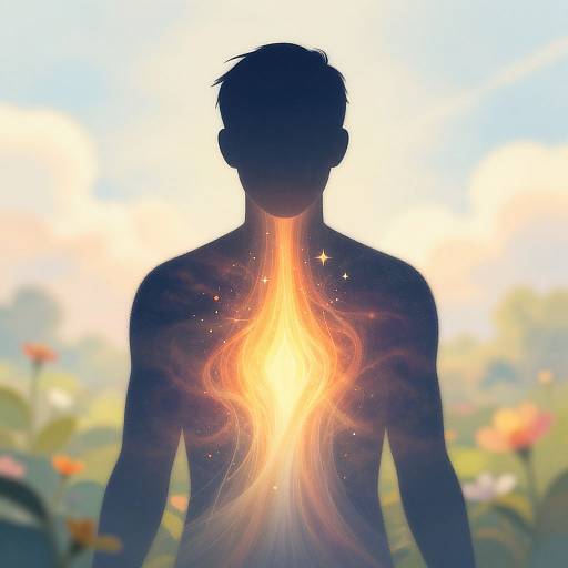Silhouetted male figure with glowing, radiant heart center in a sunlit meadow, surrounded by blurred flowers. Digital art.