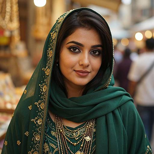 Photograph of a beautiful South Asian woman with dark brown hair, wearing a green embroidered dupatta and multilayered gold jewelry, smiling softly,