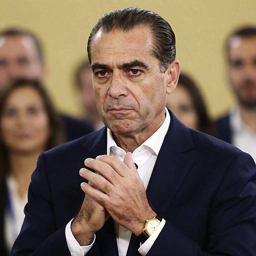 Intense Middle-Aged Man in Dark Blue Suit