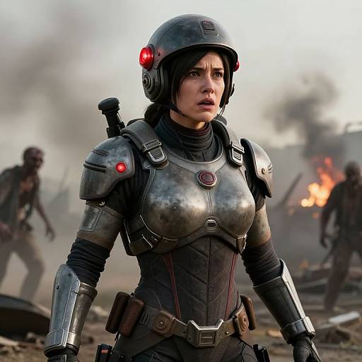 Photorealistic CGI of a determined woman in futuristic, metallic armor with red lights, standing amid a war-torn, smoky battlefield.