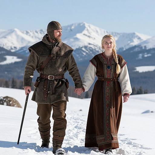 Photograph of a bearded man in medieval winter armor and a blonde woman in traditional dress holding hands in snowy mountains.