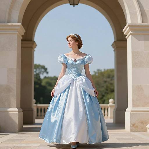 Young Woman in Blue and White Ballgown by Stone Archway
