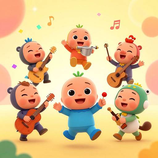 Cartoon babies joyfully playing musical instruments (guitar, accordion, mandolin, ukulele, drum) against a colorful, bright background.