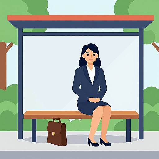 Digital illustration of a woman in a navy suit, white blouse, and black heels, sitting on a bus bench with a brown bag beside her, surrounded
