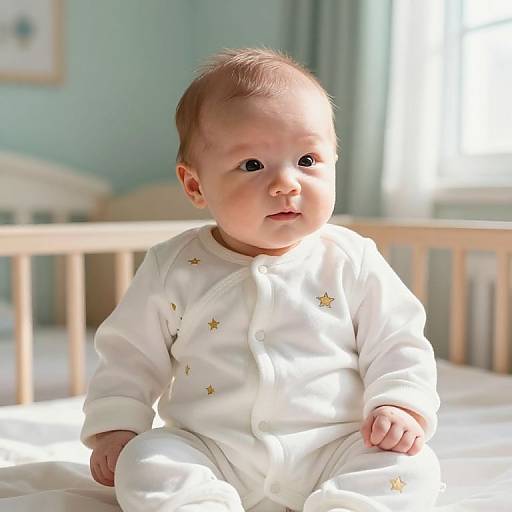 Photograph of a cute baby with light skin and dark eyes, wearing a white onesie with gold stars, sitting on a sunlit bed in a