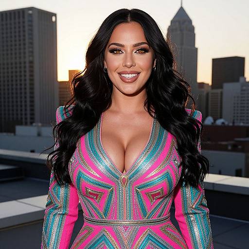 Photograph of a smiling woman with long black hair, large breasts, wearing a low-cut, pink, blue, and silver geometric patterned jacket,