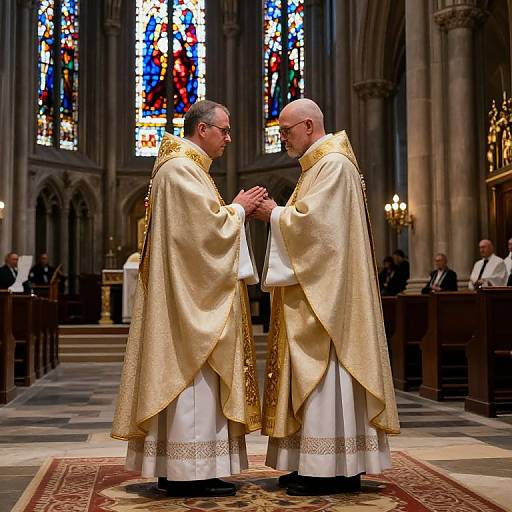 Photograph of two elderly male Catholic priests in ornate white and gold vestments, clasping hands in a dimly lit, stained glass adorned cathedral