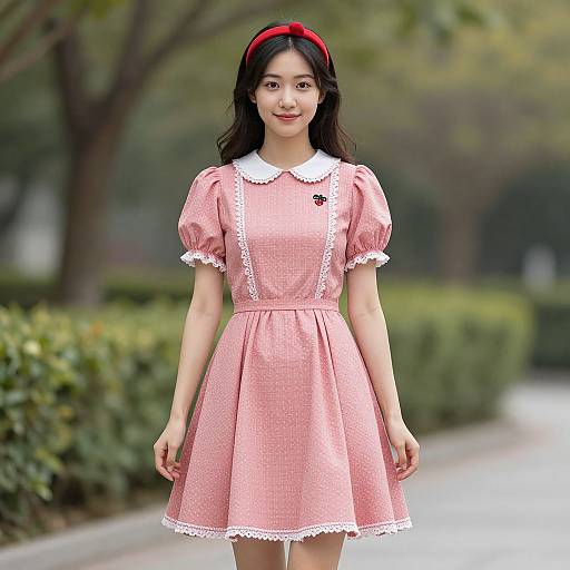 Photograph of an Asian woman with long black hair, wearing a pink checkered dress with white lace trim, red headband, standing outdoors on a