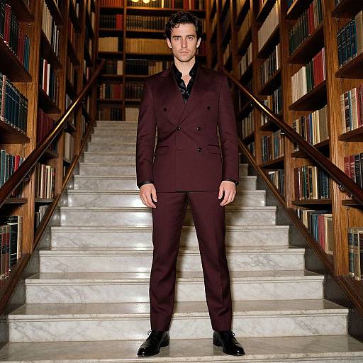 Photograph of a serious, handsome man with short, dark hair, wearing a dark brown suit, standing on marble stairs flanked by bookshelves