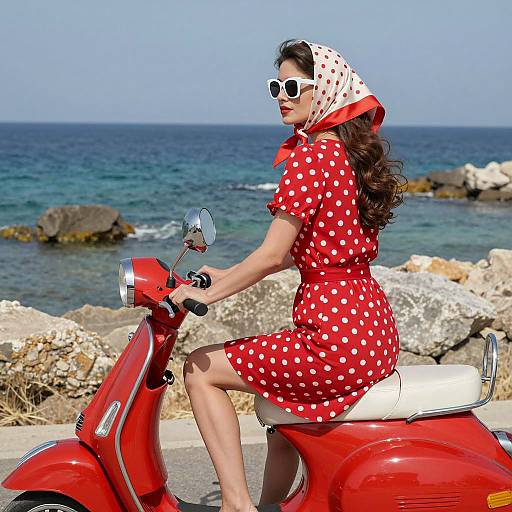 Retro Seaside Woman on Red Scooter