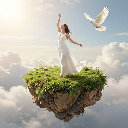 Photograph of a woman in a flowing white dress standing on a floating grassy island, raising her arm towards a white dove in a bright, cloudy