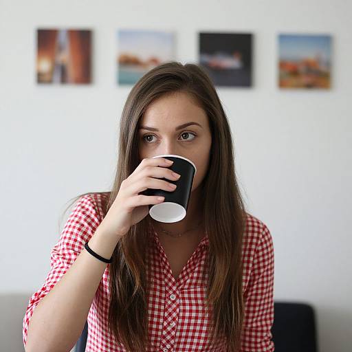 Photograph of a young woman with long brown hair, wearing a red checkered shirt, drinking from a black cup, against a blurred white wall with