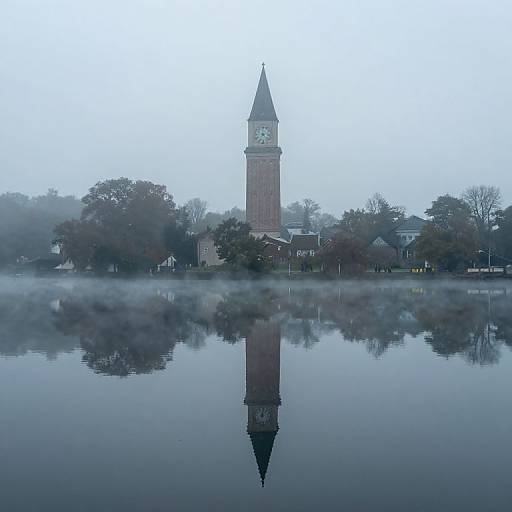 Photograph of a misty morning featuring a tall brick clock tower reflected in a calm lake, surrounded by foggy trees and quaint buildings.