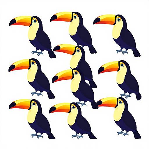 Digital illustration of nine colorful toucans with black bodies, yellow chests, and orange-yellow beaks, arranged in a diagonal grid on a white background