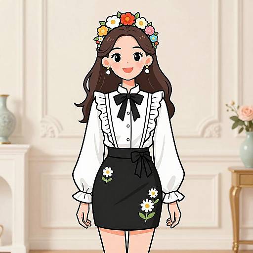 Digital anime-style drawing of a cheerful young woman with long brown hair, wearing a white ruffled blouse, black skirt with floral embroidery, black bow,