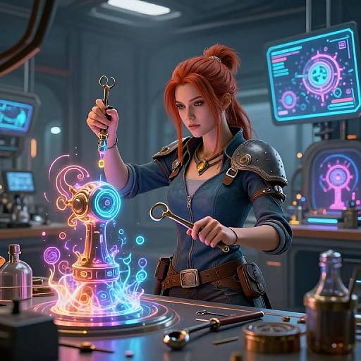 Digital artwork of a red-haired woman in a blue, armored top, conjuring glowing blue and orange magic on a lab table. Neon screens and lab