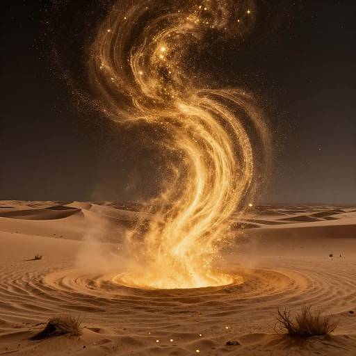 Photograph of a fiery, spiral-shaped fire eruption in a desert, with glowing embers and bright flames illuminating the surrounding sand dunes under a
