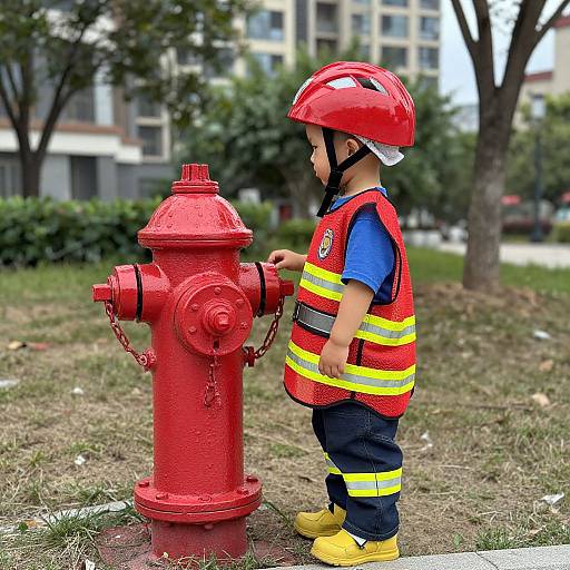 Child in Safety Gear by Fire Hydrant
