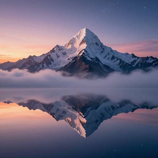 Photograph of a snow-capped mountain peak at sunset, reflected in a calm, mist-covered lake with a gradient sky from orange to purple.