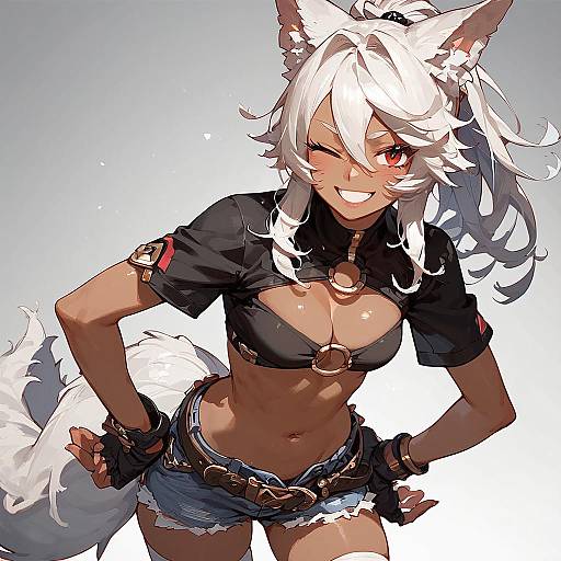 Grinning Dark-Skinned Anime Wolf Girl