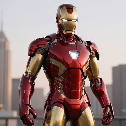 Photorealistic CGI of Iron Man in his red and gold armor, standing on a rooftop with a cityscape background.