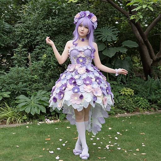 Photograph of a woman in a purple and white flower-themed dress, lavender hair, floral headpiece, white knee-high socks, and purple shoes,