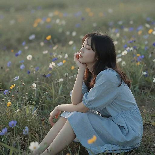 Dreamlike Woman in Flower Field
