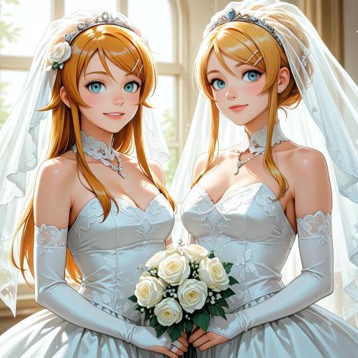 Anime Style Twin Brides in Wedding Dresses