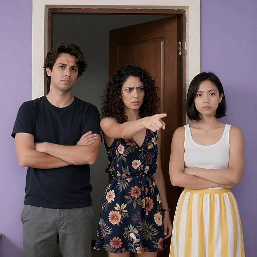 Three People Standing in Doorway with Serious Expressions