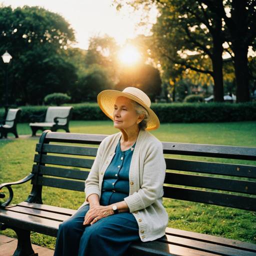 Elderly Woman Sitting on Park Bench at Sunset