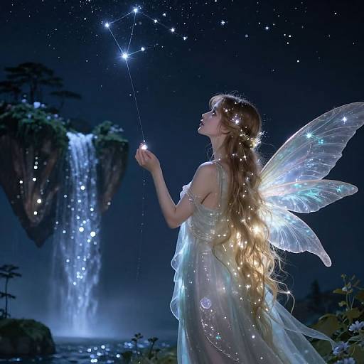 Fantastical photograph of a fairy with glowing wings, long brown hair, and a translucent dress, gazing at a starry night sky, touching