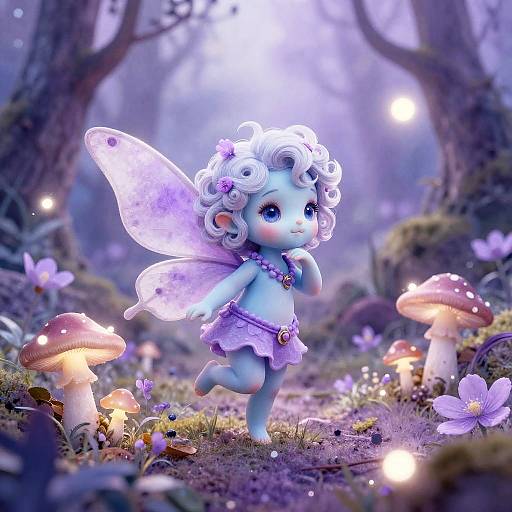 Digital fantasy artwork of a blue, curly-haired fairy child with glowing wings, wearing a purple skirt and necklace, standing among glowing mushrooms and flowers in a