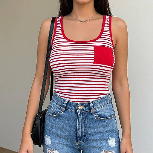 Photograph of a woman with long black hair, wearing a red-and-white striped tank top with a red pocket, and distressed blue jeans, carrying a