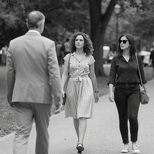 Black and White Photo of Three People Walking in Park