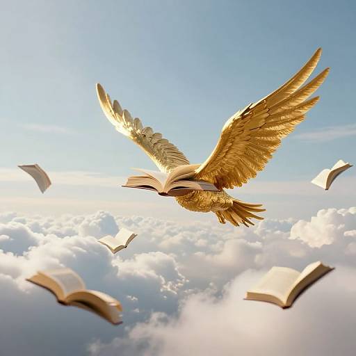 Golden dove with outstretched wings carries an open book, soaring amidst floating books against a bright blue, cloudy sky.
