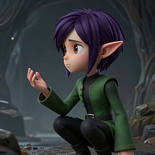 CGI image of a concerned, purple-haired, elf-like child with large ears, wearing a green jacket and black pants, crouching in a