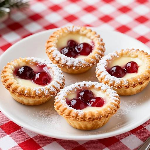 Photograph of four mini cherry pies with powdered sugar, on a white plate, on a red and white checkered tablecloth.