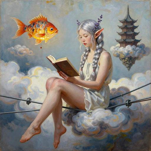Surreal Elf Reading Amid Clouds