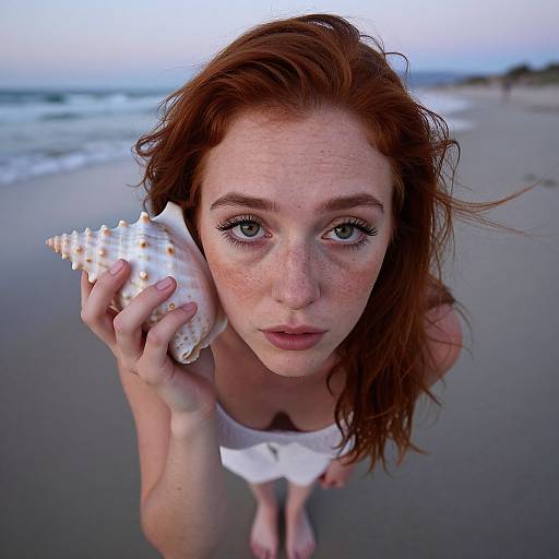 Photograph of a red-haired, freckled young woman with blue eyes, holding a large white seashell, standing on a beach at sunset