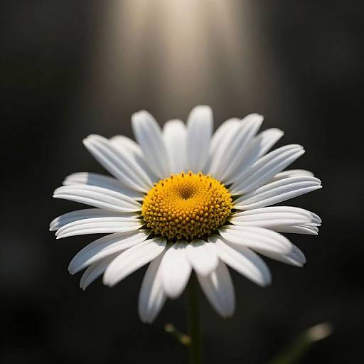 Close-up photograph of a single white daisy with a yellow center, illuminated by a spotlight against a dark, blurred background.