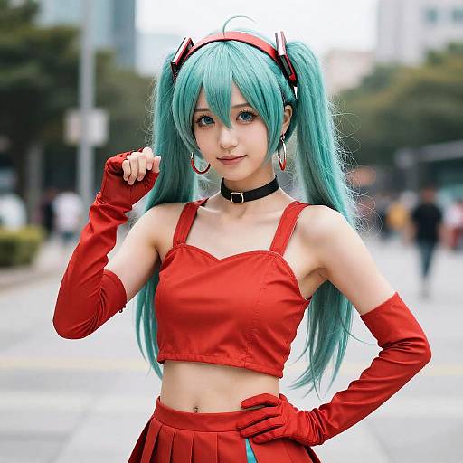 Cosplayer in Red Outfit With Aqua Hair Outdoors