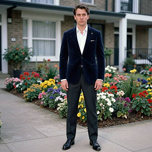 Photograph of a handsome man with short brown hair, wearing a black velvet blazer, white shirt, black pants, and polished black shoes, standing