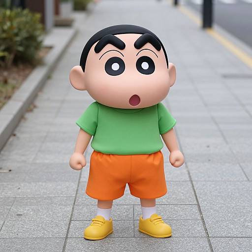 3D cartoon child with black hair, green shirt, orange shorts, yellow shoes, surprised expression, standing on sidewalk, urban background.