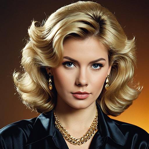 Blonde Woman with 1980s Greaser Hair and Gold Jewelry