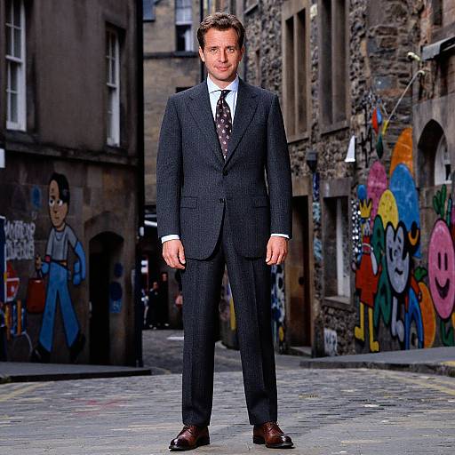 Photograph of a man in a dark pinstripe suit, white shirt, and patterned tie standing on a graffiti-covered, cobblestone street