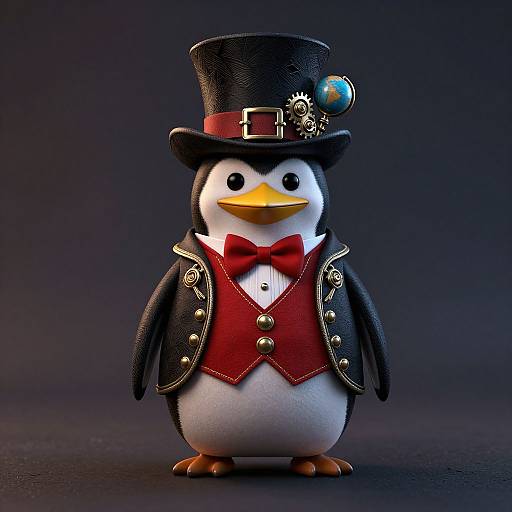 Digital CGI of a penguin in a black top hat with a blue orb, red bow tie, and red vest, standing against a dark blue background
