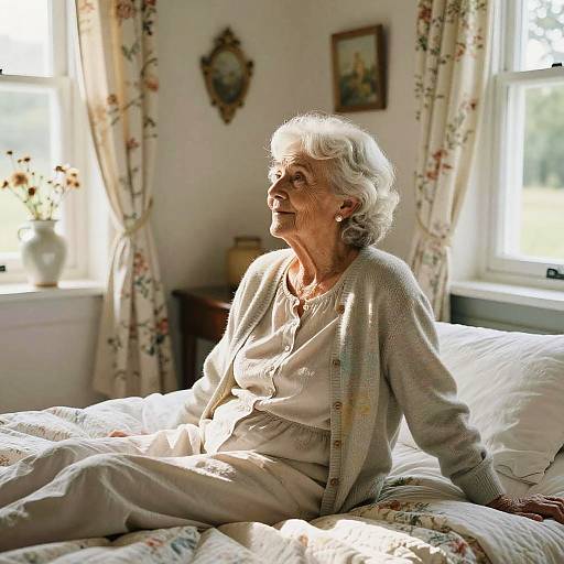 Photograph of elderly white woman with curly gray hair, wearing beige cardigan and pants, sitting on sunlit bed in floral-decorated room.