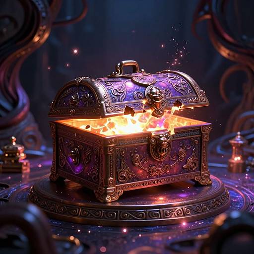 Digital art of an ornate, purple-iridescent, flame-lit treasure chest with intricate scrollwork, glowing in a dark, mystical setting