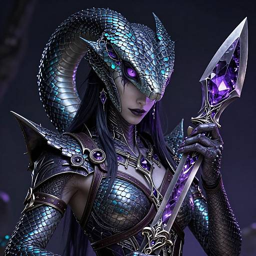 Digital CGI of a dark, scaly, snake-headed warrior with purple eyes, holding a glowing purple sword, wearing metallic armor.