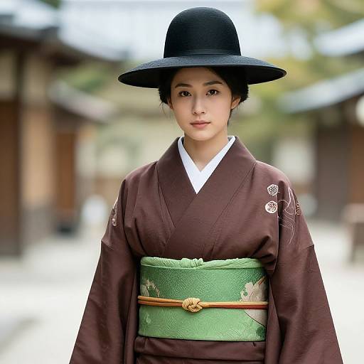 Woman in Brown Kimono with Hat